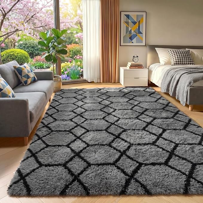 ONASAR Area Rugs for Bedroom Living Room, Fluffy 4x6 Grey and Black Bedside Rug by ONASAR