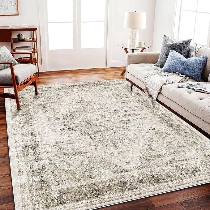 CHAMPLANT Area Rug 6'x9' Washable Vintage Floral Khaki Traditional Floor Cover by CHAMPLANT