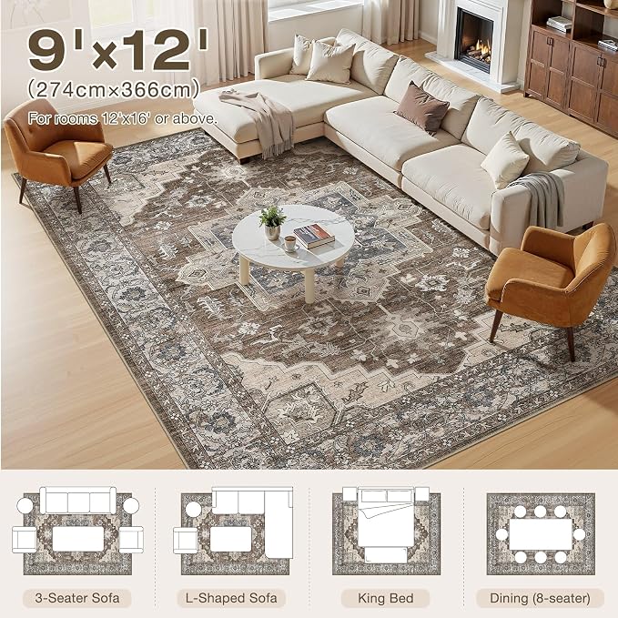 9x12 Area Rugs Living Room: Washable Vintage Rug Large Non-Slip Stain Resistant - Image 7
