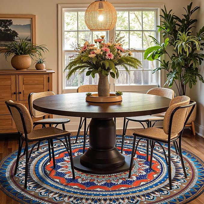 jinchan Mandala Round Rug 8ft Blue Rustic Boho Washable Rug Tribal 8' Round by JINCHAN