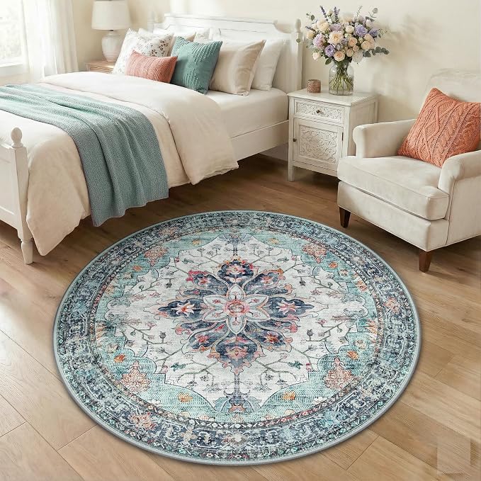 RELEANY Area Rugs Round 4ft Washable Non-Slip, Floral Vintage Distress by RELEANY