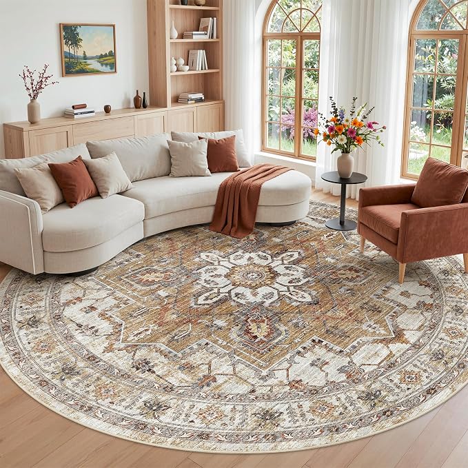 Madane Washable 8ft Circle Round Rug, 8x8 Circular Rugs Non-Slip Vintage Area by Madane