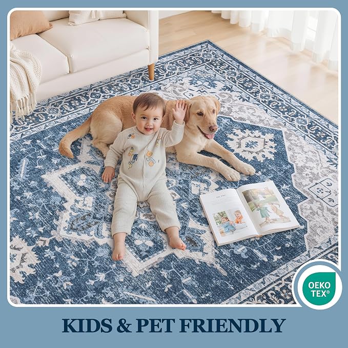 8x10 Area Rugs for Living Room:Blue Washable Vintage Medallion Boho Rug - Image 5