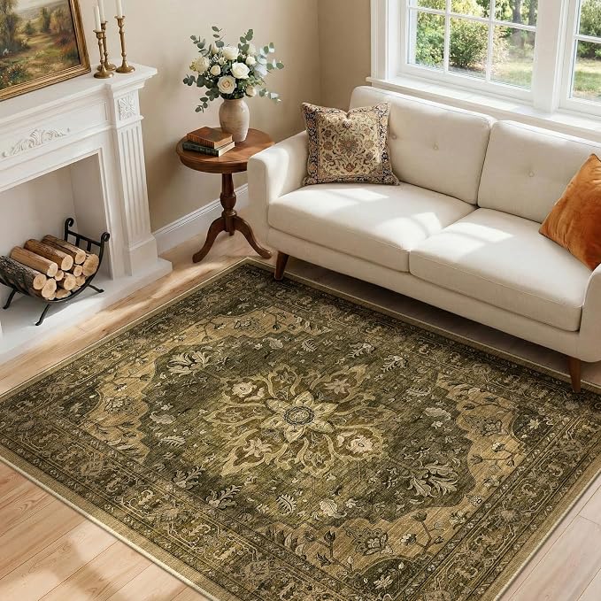 RELEANY Area Rugs 4'x6' Washable Non-Slip, Floral Vintage Distress Medallion by RELEANY