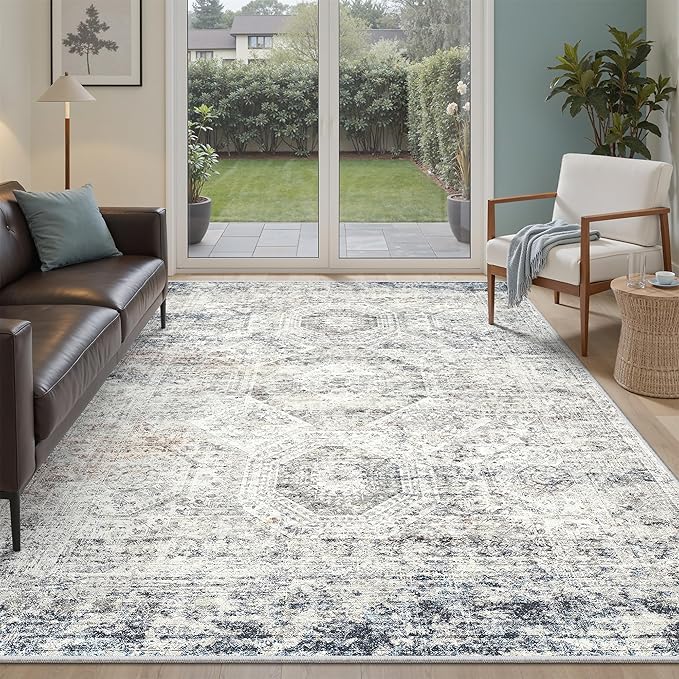 Soalmost 5x7 Area Rugs Blue Ivory Low Pile Indoor Washable Trendy Faded Style by Soalmost