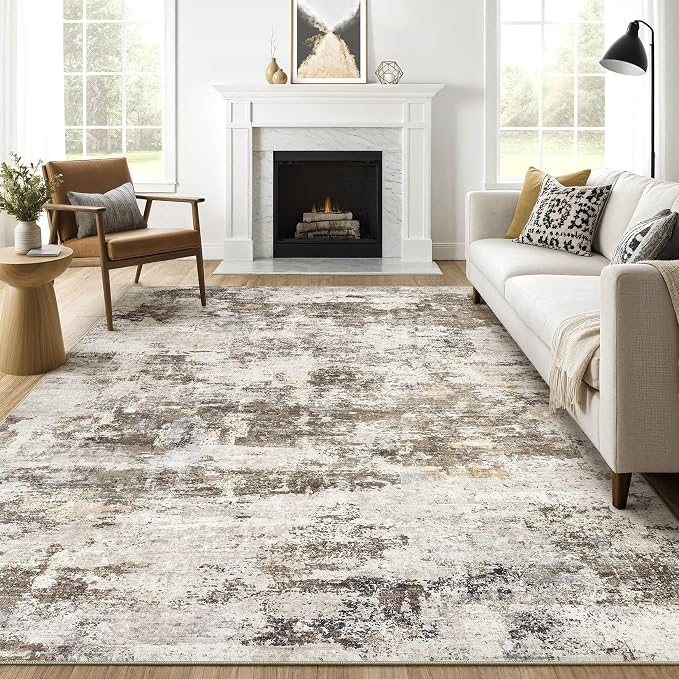 10x12 Area Rug Living Room: Washable Large Abstract Neutral Modern Soft Rugs by LOONGRUG