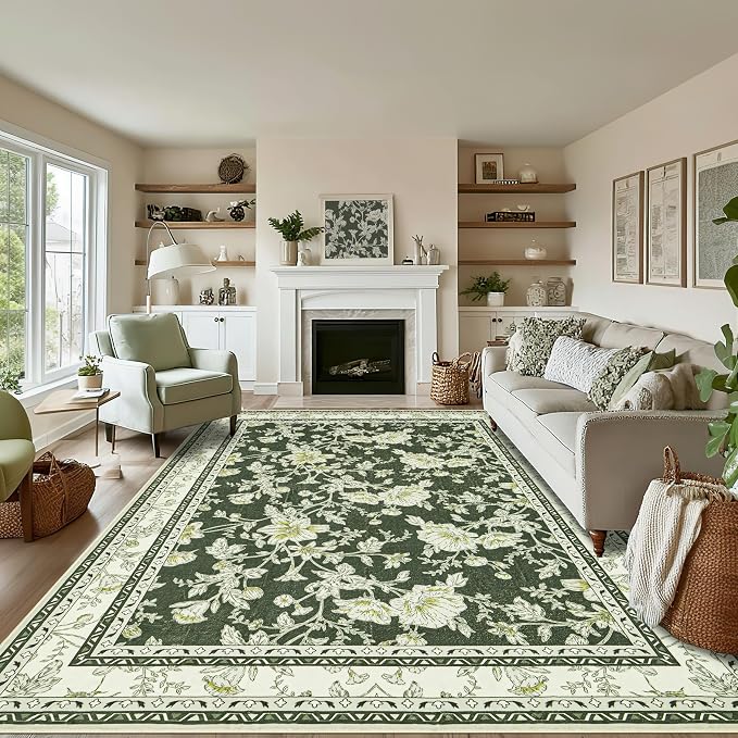 Olive Green Floral Print Area Rugs by BILEEHOME