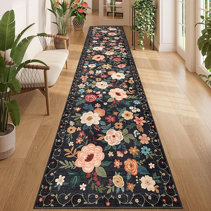 DUKINO 2.6x12 Kitchen Runner Rug, Lightweight Floral Washable Rug by DUKINO