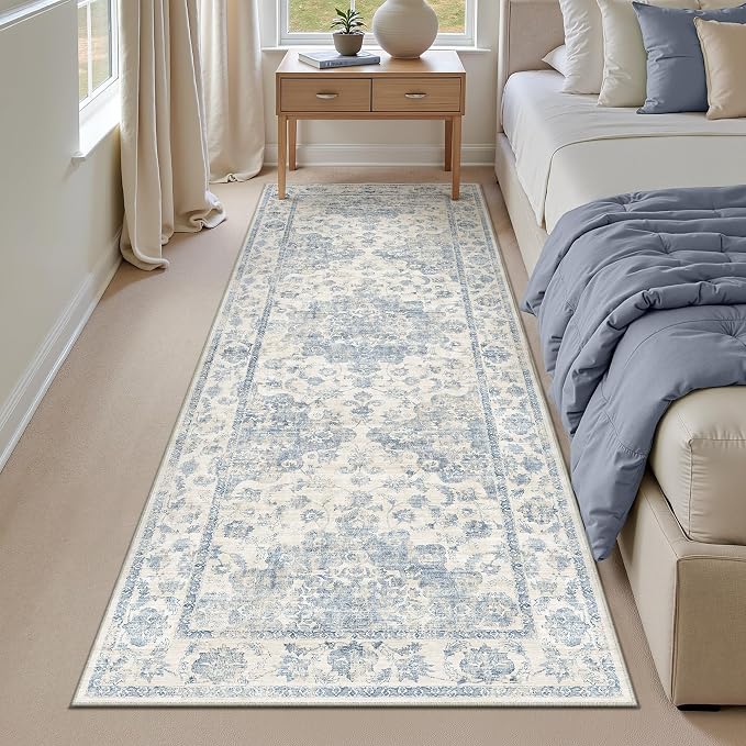 Neutral Kitchen Rug Set of 3 Washable Blue Vintage Kitchen Mats - Image 3