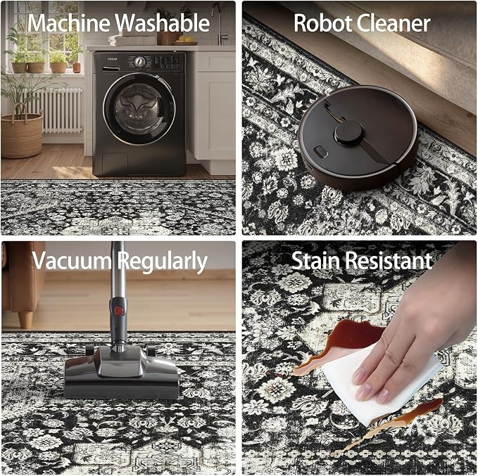 DCX Machine Washable Black Area Rug 4x6, Non Slip Stain Resistant Vintage - Image 7