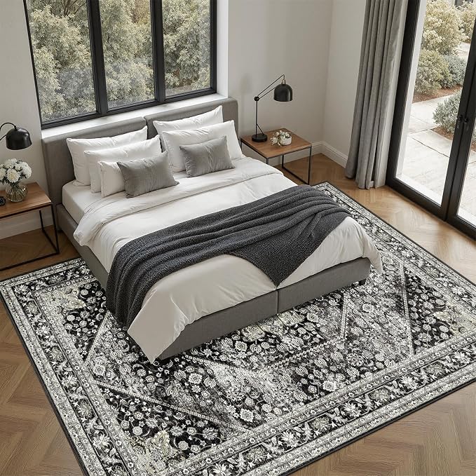 DCX Machine Washable Black Area Rug 8x10, Non Slip Stain Resistant Vintage - Image 3