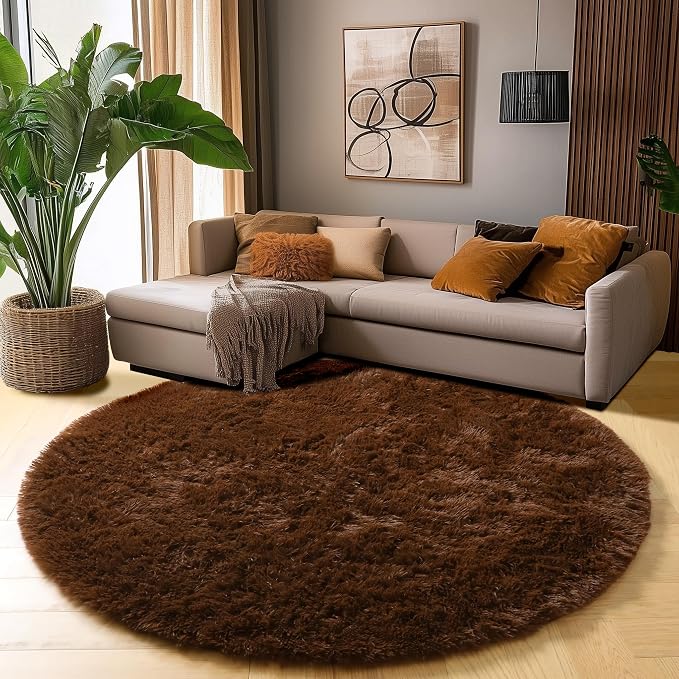 Amdrebio Dark Brown Rug 4Ft for Bedroom, Round Fluffy Shag Plush Area Rugs for - Image 8