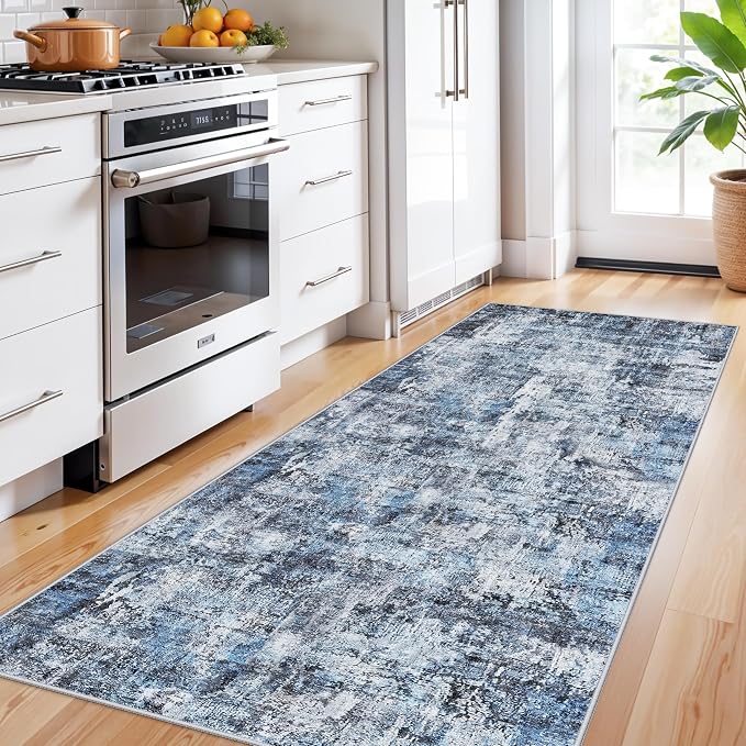 3x7 Washable Non-Slip Kitchen Runner Rug – Modern Abstract Neutral Beige & Gray - Image 2