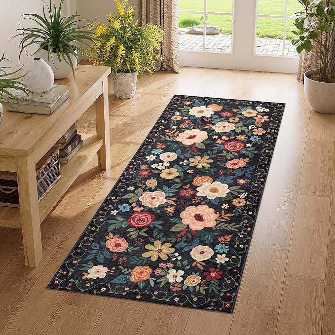 DUKINO 2x5 Runner Rug for Hallway, Washable Kitchen Floral Runner Rug by DUKINO