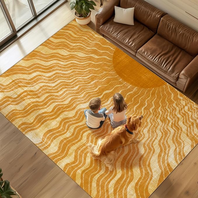 Washable 9x12 Sun Area Rug for Living Room, Retro Brown Sun Modern Boho Large by GOGINNY