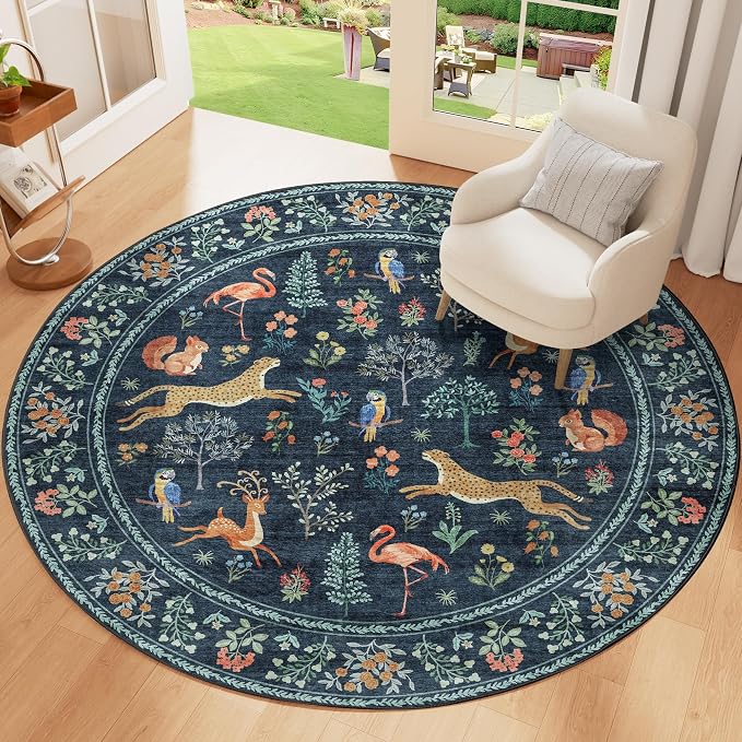DUKINO 4ft Round Rug, Washable Round Area Rug, Non Slip Indoor Low Pile Animal - Image 6