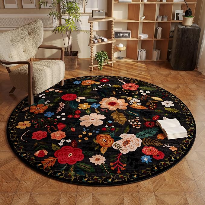 Rugcomf Round Rug 6ft Washable Circle Rug Non Slip Low Pile Boho Floral Small by Rugcomf