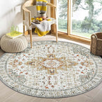 Moynesa Washable Round Rug 4ft, Vintage Medallion Area Rug Distressed Neutral by Moynesa