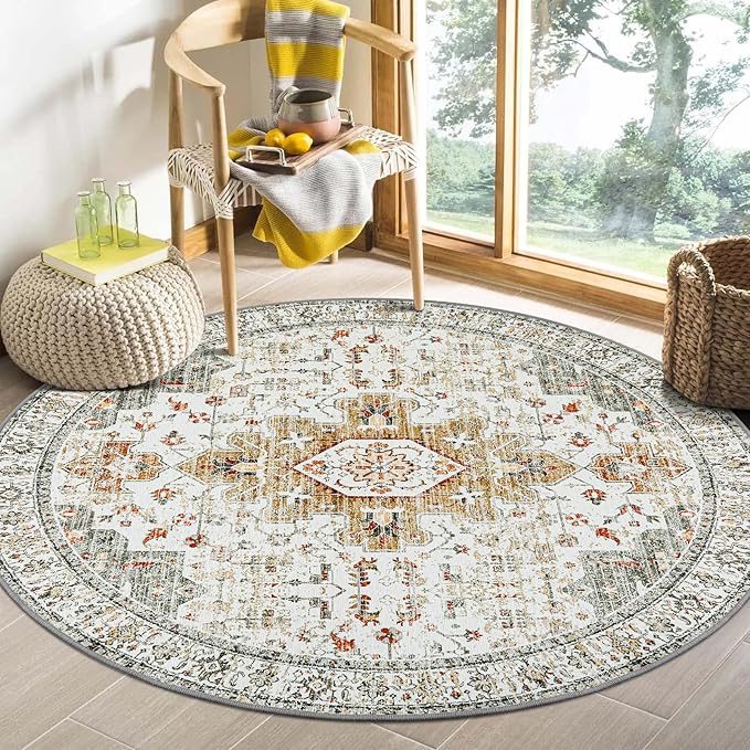 Moynesa Washable Round Rug 4ft, Vintage Medallion Area Rug Distressed Neutral by Moynesa