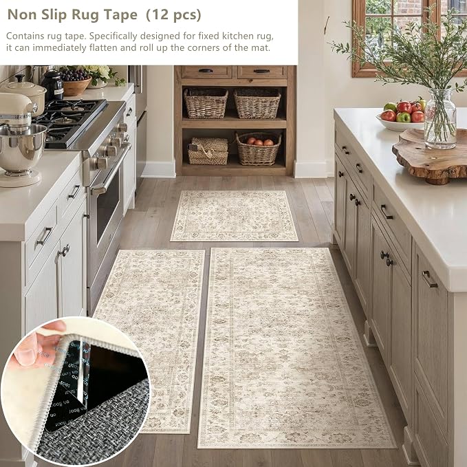 Neutral Kitchen Rug Set of 3 Washable Beige Vintage Kitchen Mats - Image 5