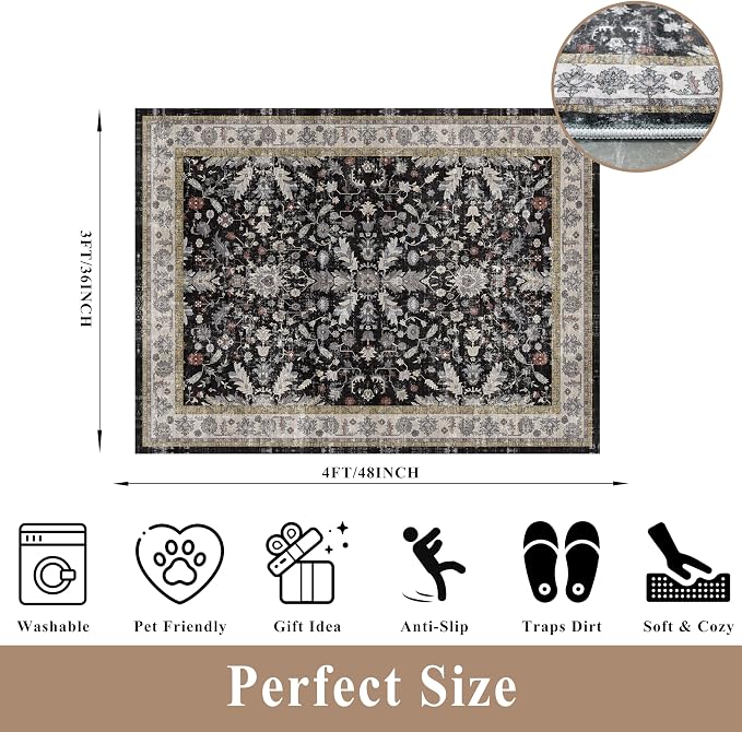 3x4 Entryway Rug Washable Non-Slip–Boho Floral Stain-Resistant Small Area Rug - Image 2