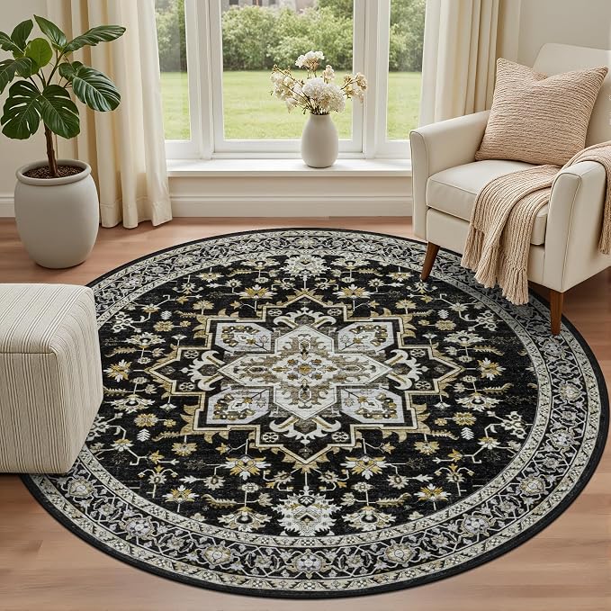 Round Area Rug for Living Room: 8 ft Washable Vintage Boho Soft Thin Circle Rug - Image 2