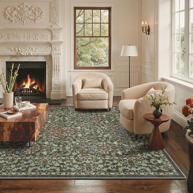 GENIMO 5x7 Washable Area Rug, Emerald Green Non Slip Vintage Boho Floral Carpet - Image 3