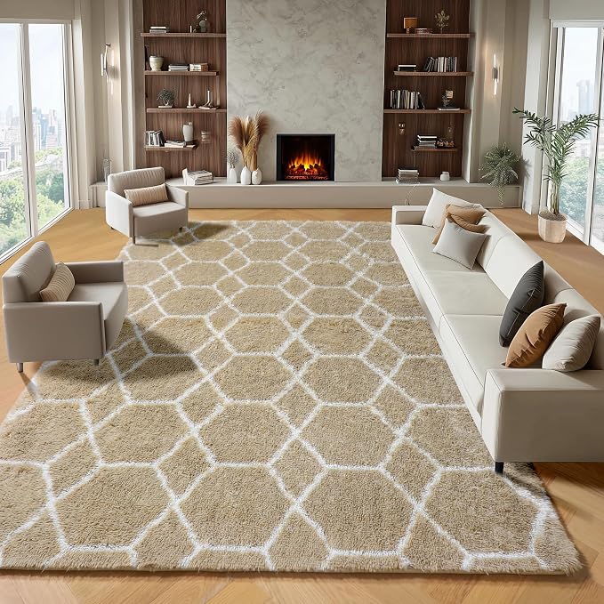 ONASAR Large Area Rugs for Living Room, Fluffy 7x10 Beige and White Thick Floor - Image 2