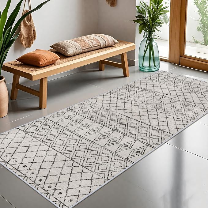 Geo Grey 3x6 Washable Non Slip Moroccan Runner Rug | Soft Low Pile Indoor Floor - Image 3