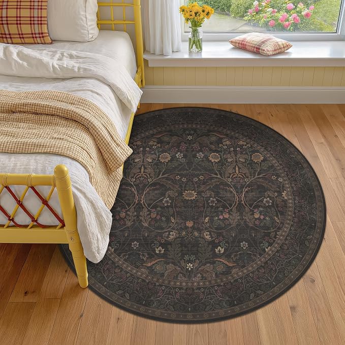 Brown Floral 6ft Round Rug for Living Room Kitchen Dining Room Under Table - Image 8