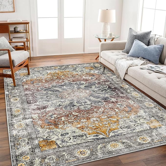 CHAMPLANT Area Rug 9x12 Washable Taupe Vintage Traditional Mat Distressed by CHAMPLANT