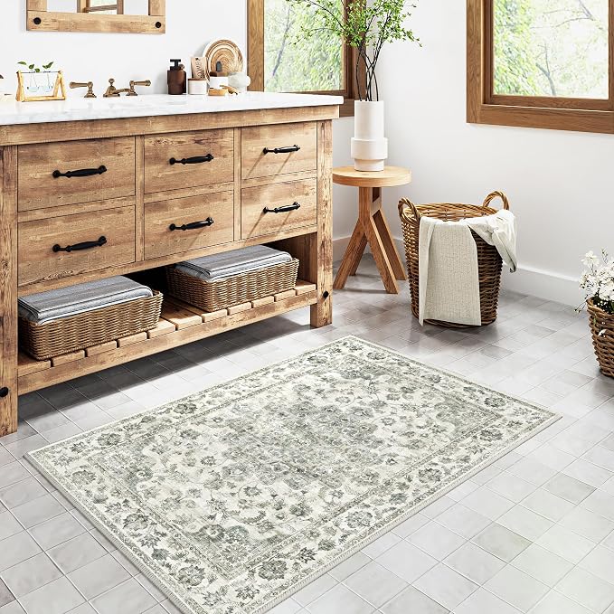 2x3 Washable Neutral Area Rug Green Vintage Entryway Kitchen Carpet Non-Slip - Image 2