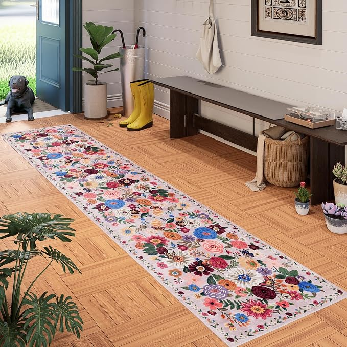 Blush Floral Hallway Runner Carpet Non-Slip, 2x10 Washable Rug Ultra-Thin Soft - Image 2