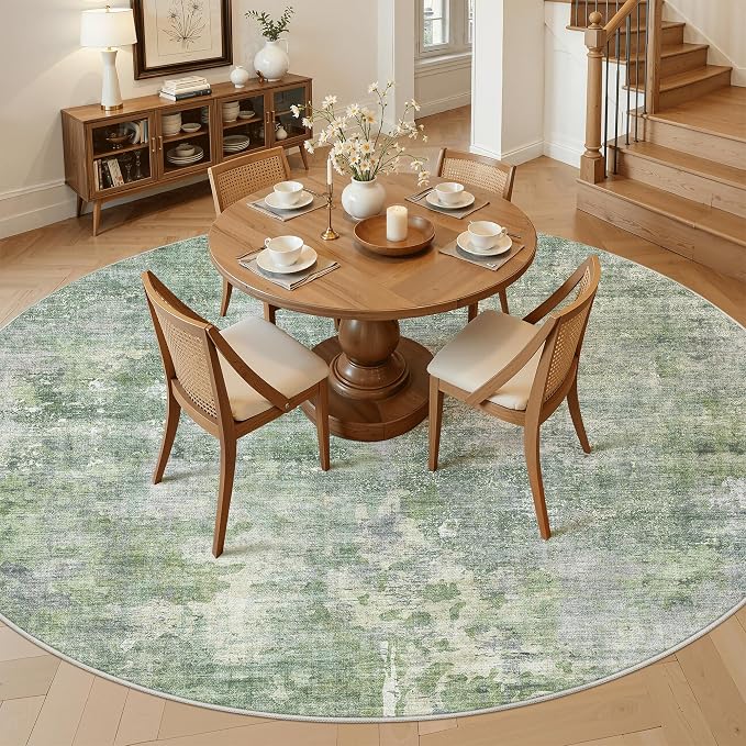 Soalmost 8x8 Green/Ivory Round Rug 8ft Living Room Circle Rug Vintage Round - Image 2