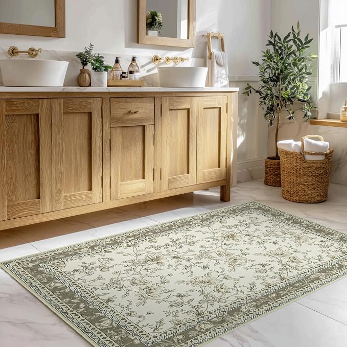 Beige Taupe Floral Area Rug for Entryway 2x3 Washable Small Rug Low Pile Non - Image 7