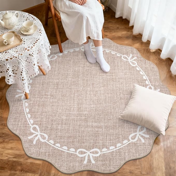 GarveeHome Scalloped Bow Rug for Living Room, 5ft Round Rugs Washable Solid - Image 3