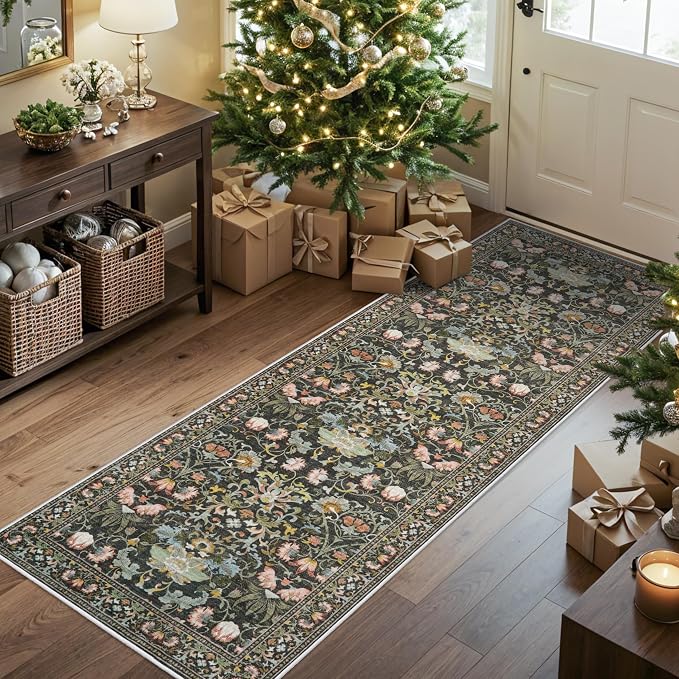 2x6 Washable Hallway Runner Rug: Vintage Floral Kitchen Rugs - Image 2