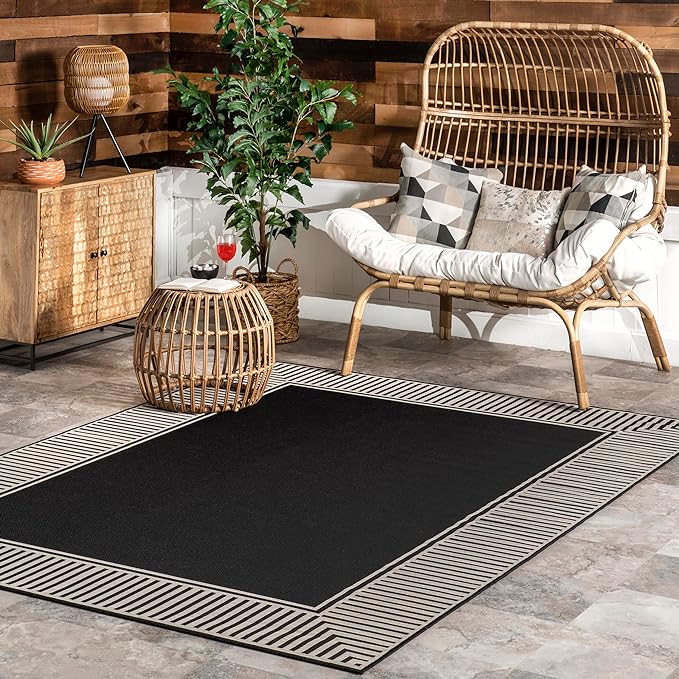 Nuloom Asha Black/Ivory, Striped Border, Soft and Cozy, High Traffic, Stain by nuLOOM