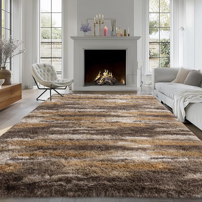 Fluffy Rugs for Bedroom Living Room, 4x6 Feet Abstract Brown Shag Area Rugs - Image 3