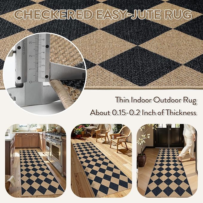Lahome Checkered Easy Jute Non Slip Kitchen Runner, Checkerboard Indoor Outdoor - Image 4