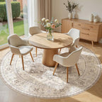 8ft Round Area Rug: Washable Vintage Neutral Soft Non Slip Thin Large Floor - Image 3