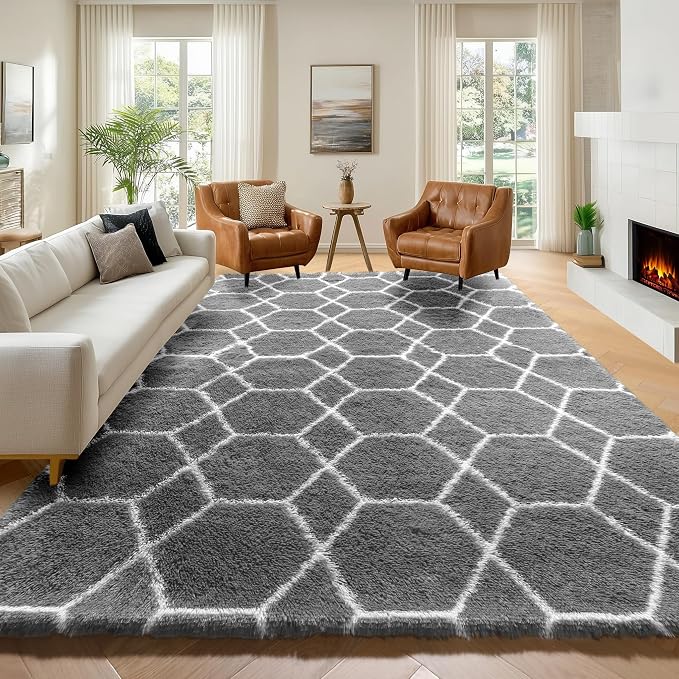 ONASAR 7x9 Area Rugs for Living Room Bedroom, Large Fluffy Grey and White Throw by ONASAR