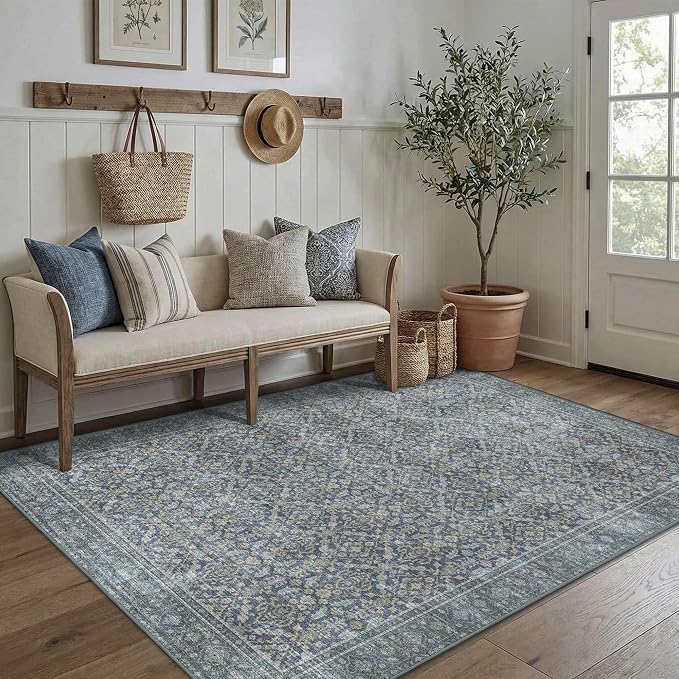 Latte&Fog 4x6 Rug for Living Room, Vintage Blue Washable Area Rug, Boho Floral by LatteFog