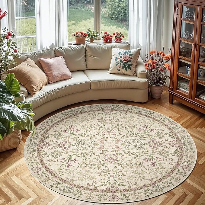 jinchan Zenith Round Rug 6ft Area Rug Soft 6'Round Vintage Floral Rug Non-Slip by JINCHAN