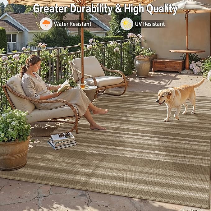 5x7 Easy Jute Stripe Area Rug Washable Beige Brown Indoor Outdoor Carpet Non - Image 5