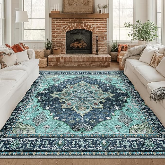RELEANY Area Rugs Square 8ft Washable Non-Slip, Floral Vintage Distress by RELEANY