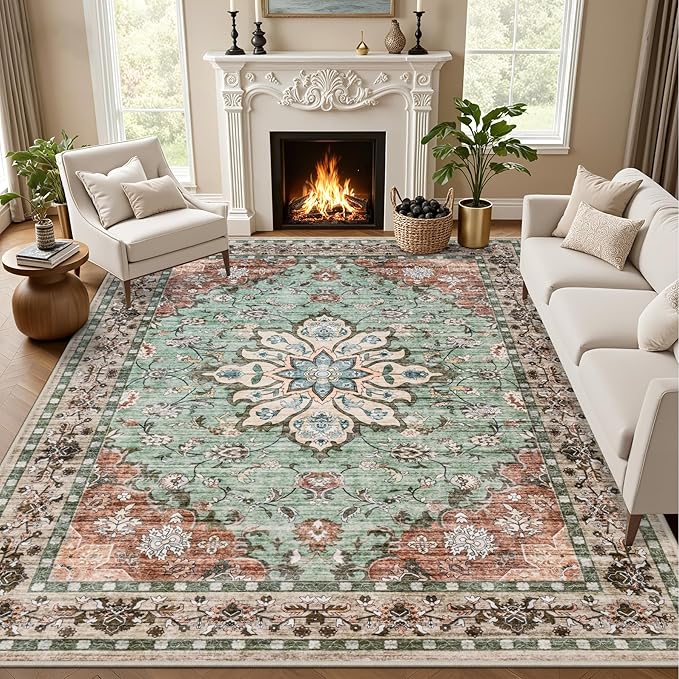 Area Rugs 10x14 Living Room Rug: Washable Rug Soft Vintage Distressed Floral by EXPEDIX