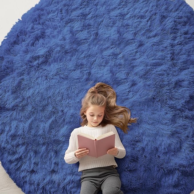 OLANLY Navy Blue Round Rugs for Bedroom by OLANLY