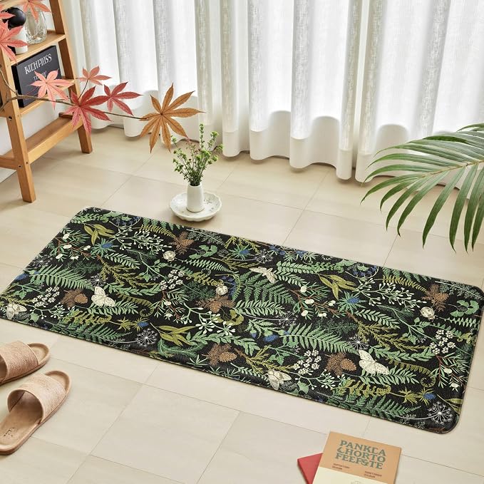 Black Green Botanical Kitchen Rugs Set of 2 Plant Leaf Anti-Fatigue Kitchen Mat - Image 3