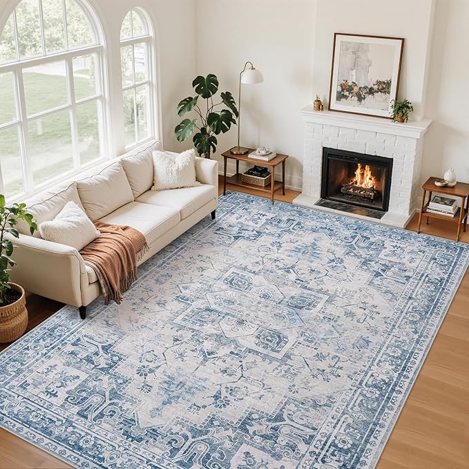 5x7 Area Rugs for Living Room:Blue Washable Vintage Medallion Boho Rug Non-Slip by Unknown